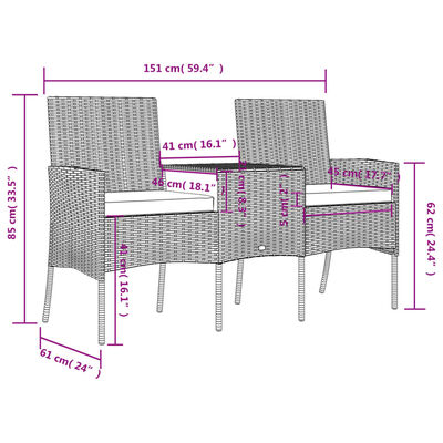 vidaXL Trädgårdssoffa 2-sits med bord konstrotting svart