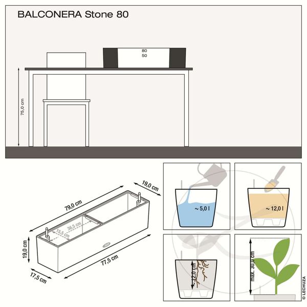 LECHUZA Odlingsenhet BALCONERA Stone 80 ALL-IN-ONE svart