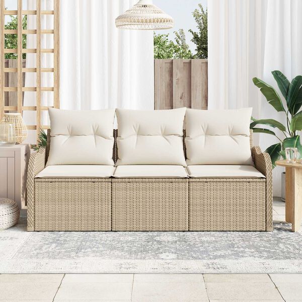 vidaXL Trädgårdsoffset med kudde med lagring 3 pcs Beige Poly rattan