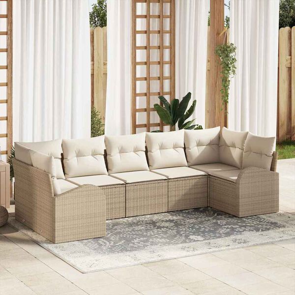 vidaXL Tr&auml;dg&aring;rdsoffset med kudde 7 pcs Beige Poly Rattan