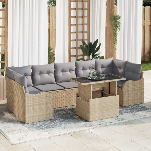 vidaXL Tr&auml;dg&aring;rdsoffset med kudde med lagring 8 pcs Beige Poly Rattan