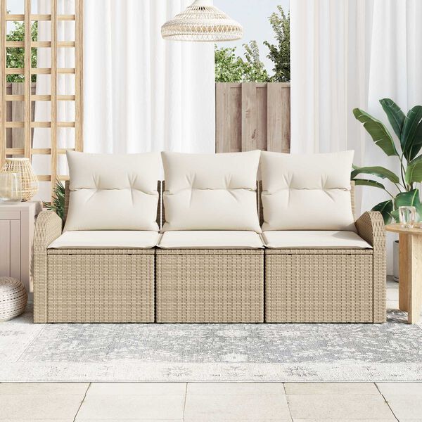 vidaXL Trädgårdsoffset med kudde 3 pcs Beige och vit Poly rattan