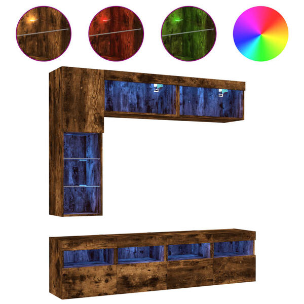 vidaXL V&auml;ggmonterade tv-sk&aring;p 7 delar med LEDs r&ouml;kf&auml;rgad ek