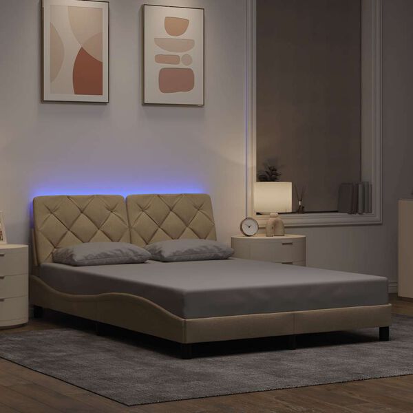 vidaXL Bed Frame with LED without Mattress Cream 140x200 cm Fabric