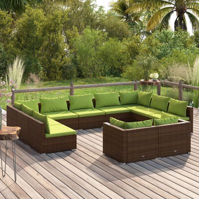 vidaXL Loungegrupp för trädgården med dynor 11delar brun konstrotting