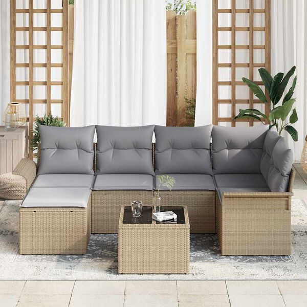 vidaXL Tr&auml;dg&aring;rdsoffset med kudde 7 pcs Beige Poly rattan
