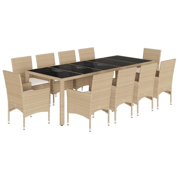 vidaXL Matgrupp f&ouml;r tr&auml;dg&aring;rd med dynor 11delar beige konstrotting&glas