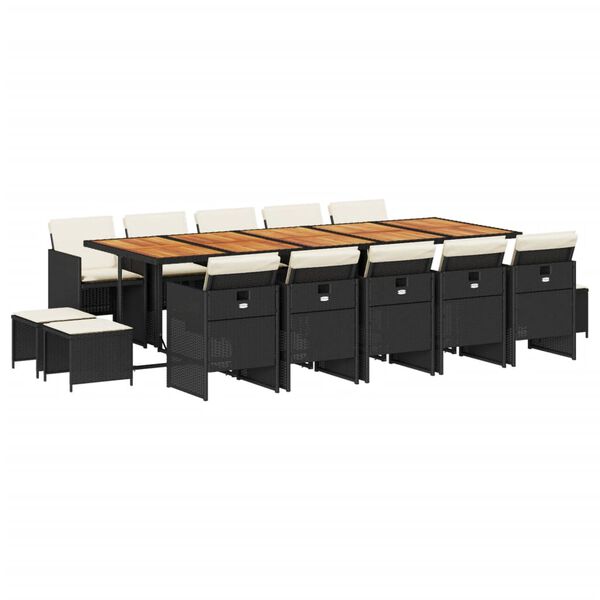 vidaXL Matgrupp för trädgården med dynor 15 delar svart konstrotting