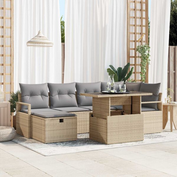 vidaXL Tr&auml;dg&aring;rdsoffset med kudde med lagring 7 pcs Beige Poly rattan