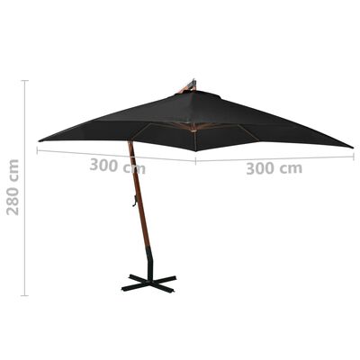 vidaXL Hängande parasoll med stolpe svart 3x3 m massivt granträ