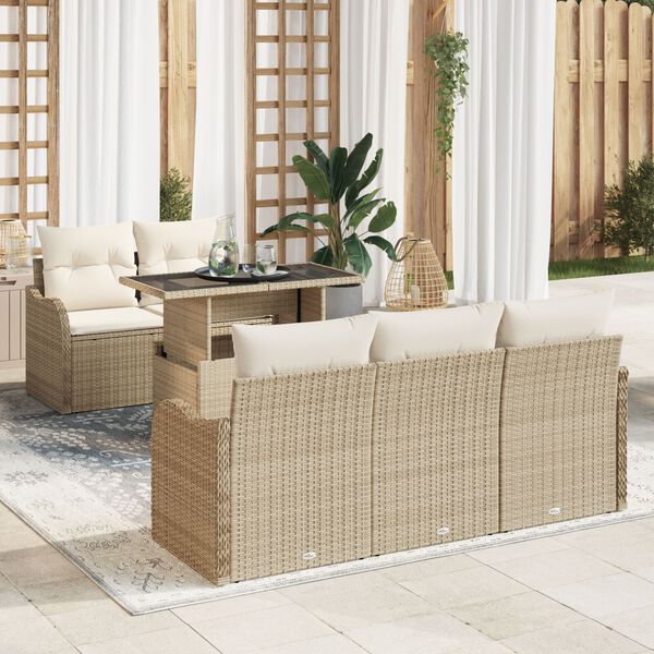 vidaXL Tr&auml;dg&aring;rdsoffset med kudde med kudde 6 pcs Beige Poly Rattan