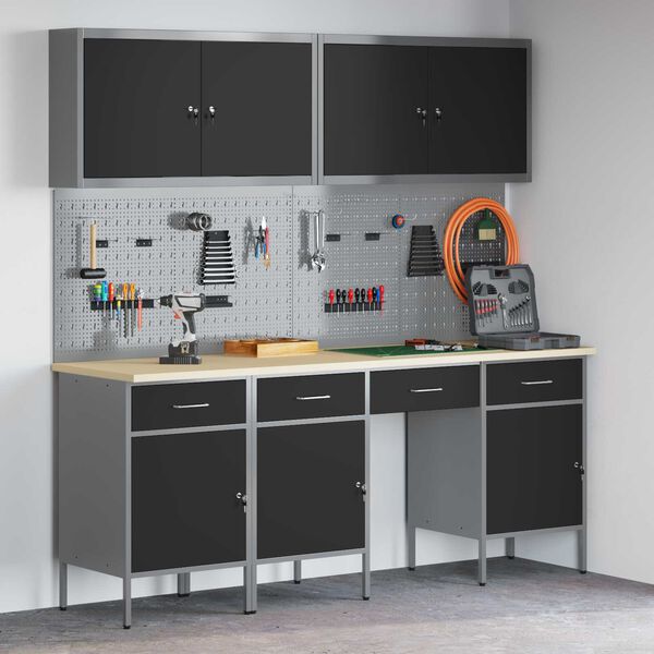 vidaXL Arbetsbänk med låda med lås 10 pcs Svart 200 x 55 x 200 cm Stål
