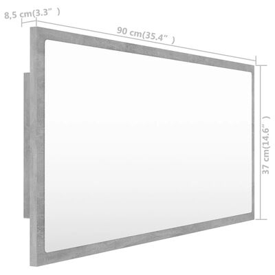 vidaXL Badrumsspegel med LED betonggrå 90x8,5x37 cm akryl