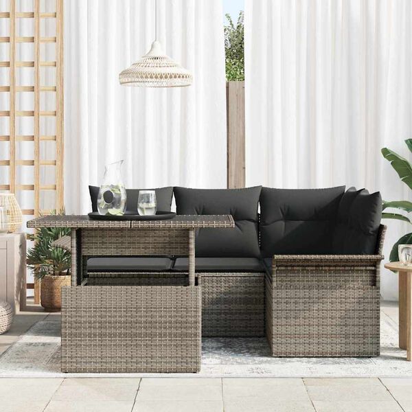 vidaXL Tr&auml;dg&aring;rdsoffset med kudde 5 pcs Gr&aring; Poly rattan