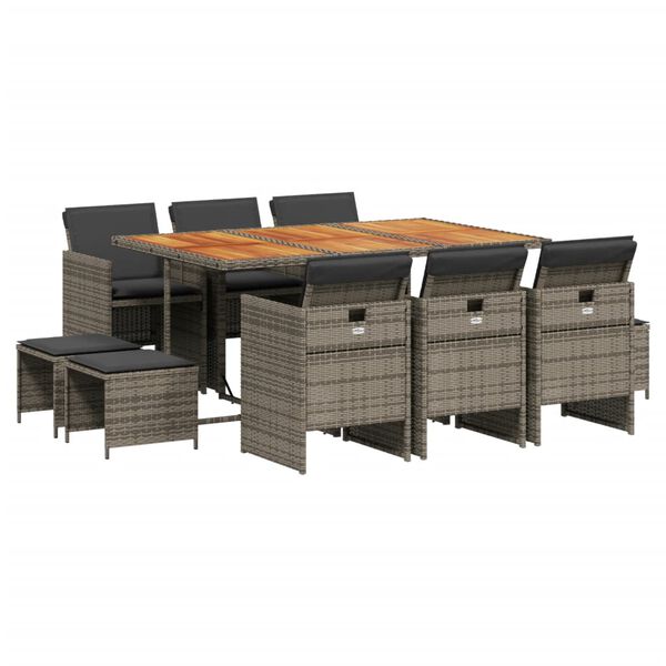 vidaXL Matgrupp för trädgården med dynor 11 delar grå konstrotting
