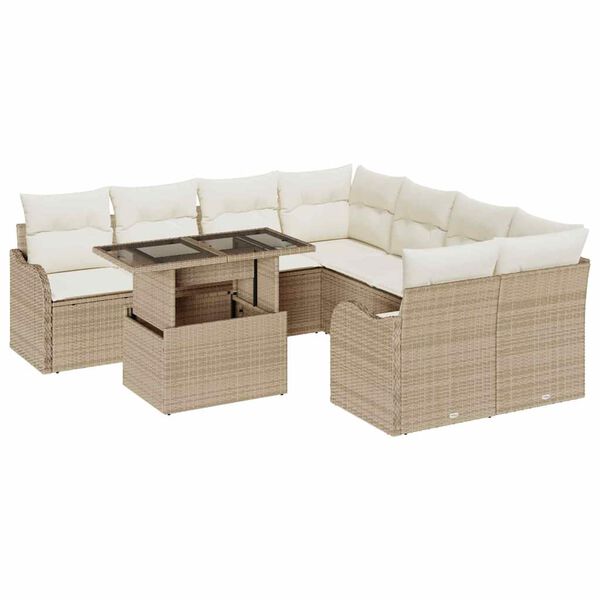 vidaXL Trädgårdsoffset med kudde 9 pcs Beige Poly rattan
