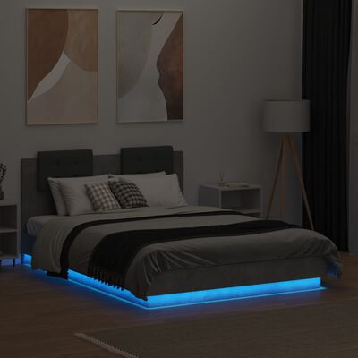 vidaXL Sängram med huvudgavel och LEDs betonggrå 135x190 cm