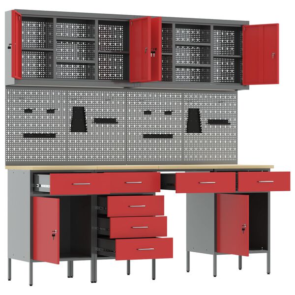 vidaXL Arbetsbänk med låda med lagring med lås Röd Stål