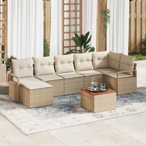 vidaXL Tr&auml;dg&aring;rdsoffset med kudde 8 pcs Beige Poly rattan