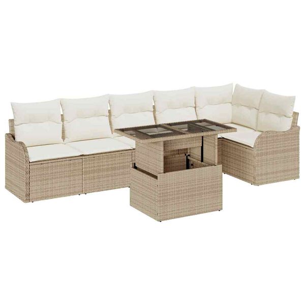 vidaXL Tr&auml;dg&aring;rdsoffset med kudde 7 pcs Beige Poly rattan