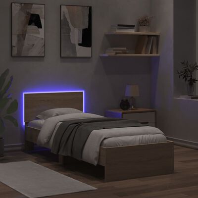 vidaXL Sängram med huvudgavel och LEDs sonoma-ek 75x190 cm
