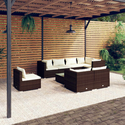 vidaXL Loungegrupp för trädgården m. dynor 9 delar konstrotting brun