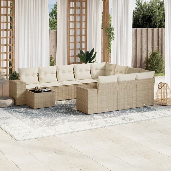 vidaXL Loungegrupp för trädgården m. dynor 11 delar beige konstrotting