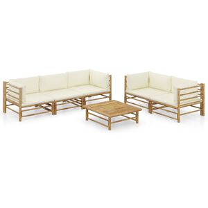 vidaXL Loungegrupp f&ouml;r tr&auml;dg&aring;rden med gr&auml;ddvita dynor 6 delar bambu