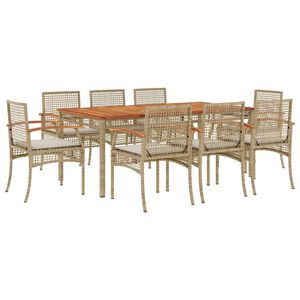 vidaXL Matgrupp f&ouml;r tr&auml;dg&aring;rden med dynor 9 delar beige konstrotting
