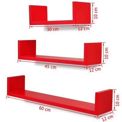3 Flytande U-formade bok/CD-vägghyllor i MDF röd