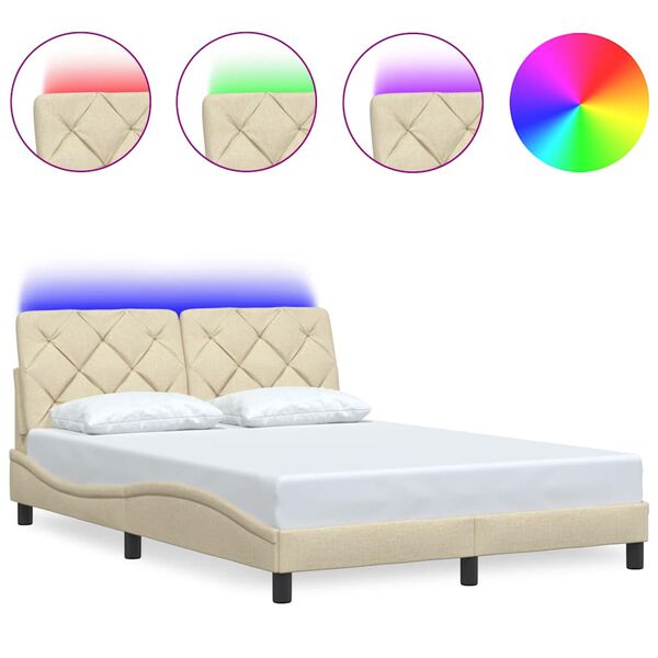 vidaXL Bed Frame with LED without Mattress Cream 140x190 cm Fabric
