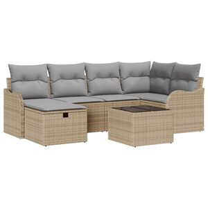 vidaXL Tr&auml;dg&aring;rdsoffset med kudde 7 pcs beige och ljusgr&aring; Poly rattan