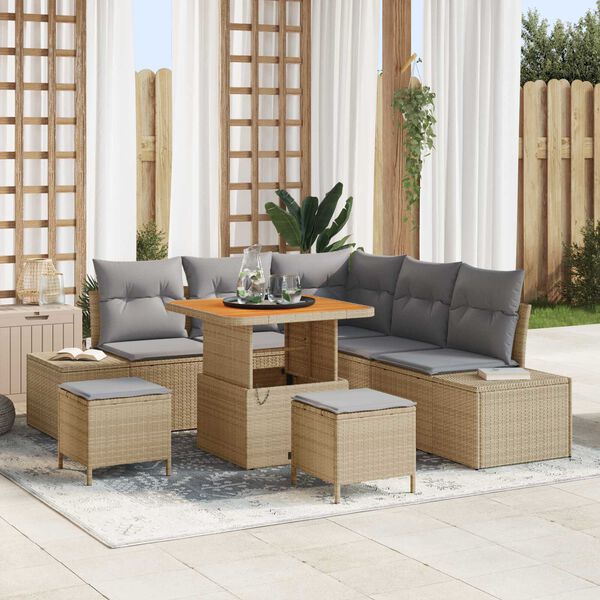 vidaXL Tr&auml;dg&aring;rdsoffset med kudde 8 pcs Beige Poly rattan