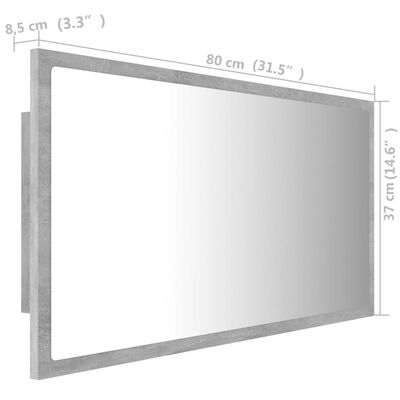 vidaXL Badrumsspegel med LED betonggrå 80x8,5x37 cm akryl