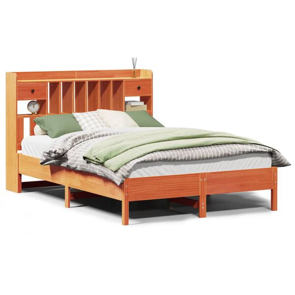 vidaXL S&auml;ng med bokhylla utan madrass vaxbrun 140x190cm massiv furu