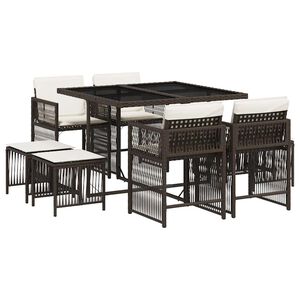 vidaXL Matgrupp f&ouml;r tr&auml;dg&aring;rden med dynor 9 delar konstrotting brun