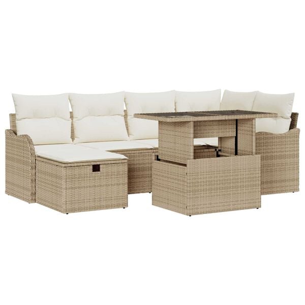 vidaXL Tr&auml;dg&aring;rdsoffset med kudde med lagring 7 pcs Beige Poly rattan
