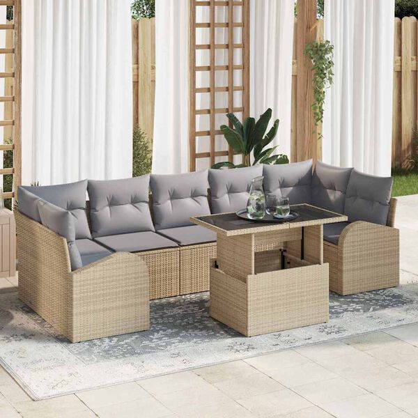 vidaXL Tr&auml;dg&aring;rdsoffset med kudde med lagring 8 pcs Beige Poly Rattan