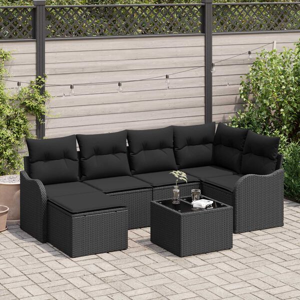 vidaXL Trädgårdsoffset med kudde 7 pcs Svart Poly rattan