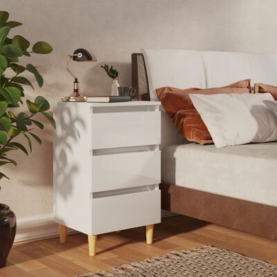 vidaXL Sängbord med ben i massivt trä vit högglans 40x35x69 cm