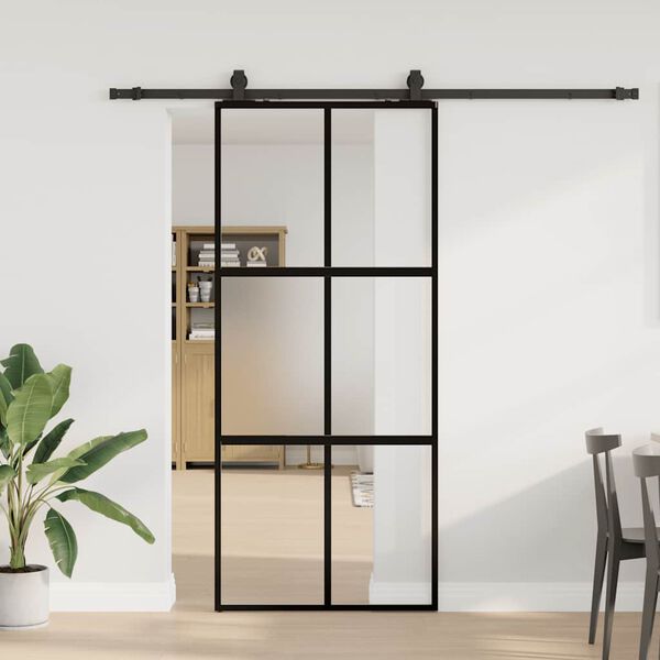 vidaXL Skjutd&ouml;rr med beslagssats svart 90x205 cm h&auml;rdat glas