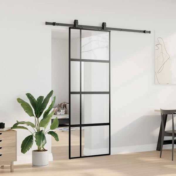 vidaXL Skjutd&ouml;rr med beslag svart 76x205 cm h&auml;rdat glas