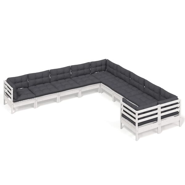 vidaXL Loungegrupp med dynor 10 delar vit massiv furu