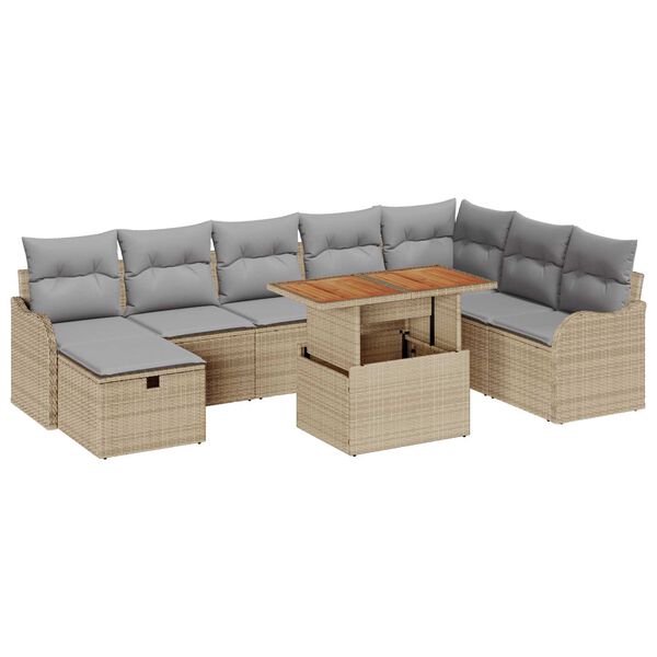 vidaXL Tr&auml;dg&aring;rdsoffset med kudde med lagring 9 pcs Beige Poly rattan