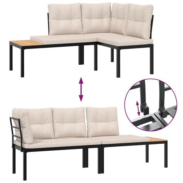 vidaXL Trädgårdsbänkar med dynor 4 delar svart pulverlackerat stål