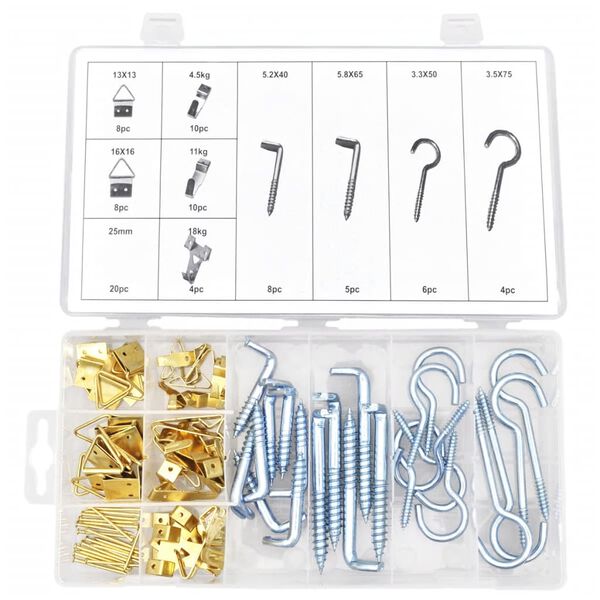 Sortimentl&aring;da med 83 st Skruv- och vinkelkrokar v&auml;gg och tak