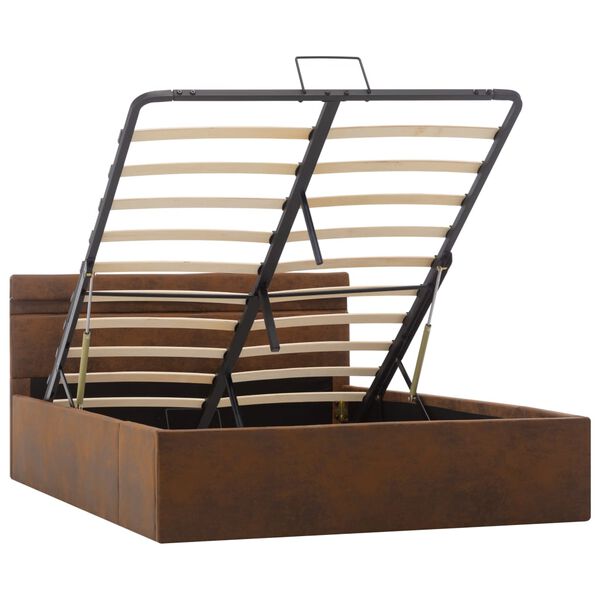 vidaXL Sängram med hydraulisk förvaring med LED brun tyg 120x200 cm