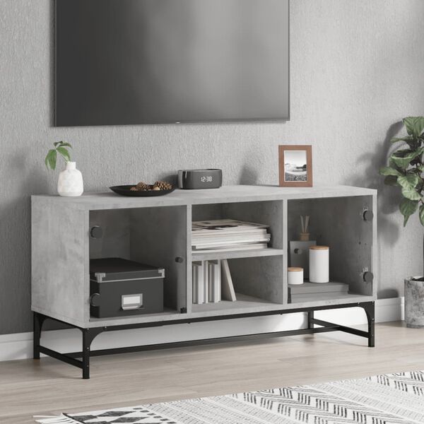 vidaXL Tv-b&auml;nk med glasd&ouml;rrar betonggr&aring; 102x37x50 cm