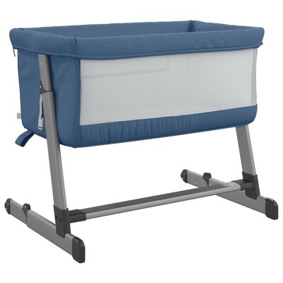 vidaXL Babysäng med madrass marinblå linnetyg