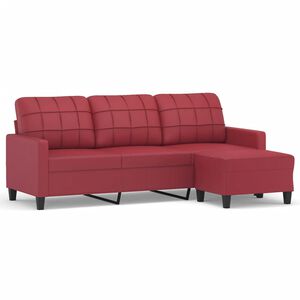 vidaXL 3-sitssoffa med fotpall vinr&ouml;d 180 cm konstl&auml;der